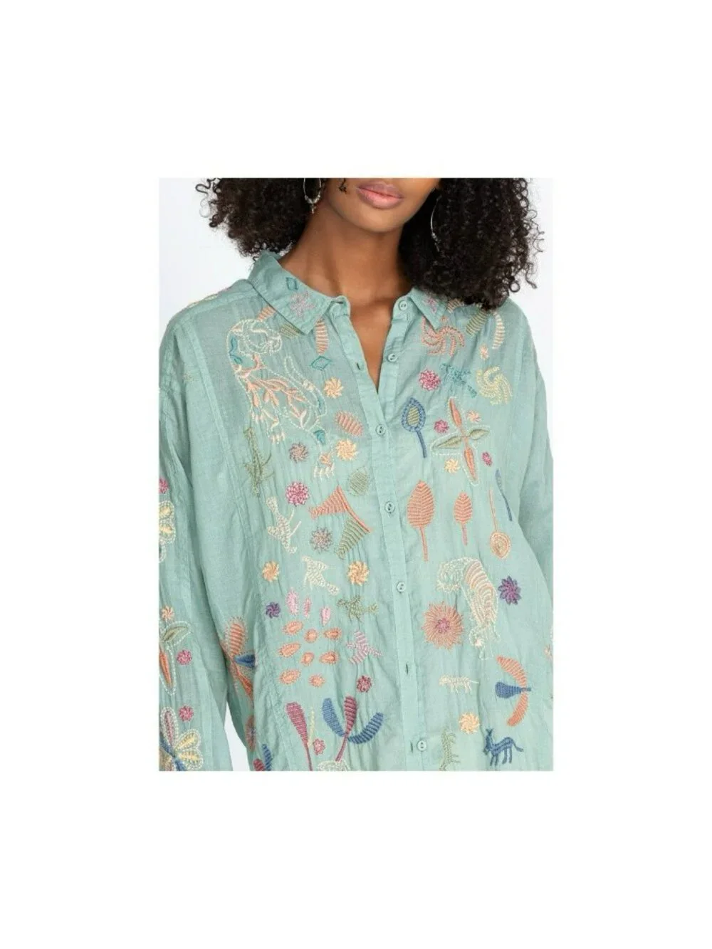 $205 Johnny Was Biya Cosimia Boho Chic Floral Jungle Button Down Mint Top XL - Picture 4 of 15